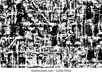 Grunge overlay layer. Abstract black and white vector background. Monochrome vintage surface with dirty pattern in cracks, spots, dots. Old wall in dark horror style design