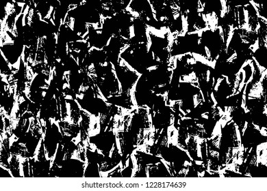 Grunge overlay layer. Abstract black and white vector background. Monochrome vintage surface with dirty pattern in cracks, spots, dots. Old wall in dark horror style design