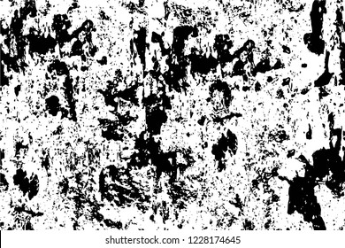 Grunge overlay layer. Abstract black and white vector background. Monochrome vintage surface with dirty pattern in cracks, spots, dots. Old wall in dark horror style design