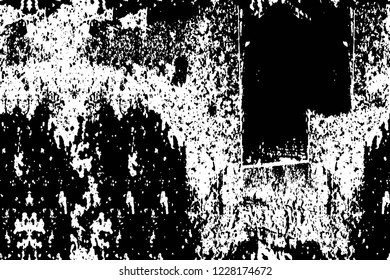 Grunge overlay layer. Abstract black and white vector background. Monochrome vintage surface with dirty pattern in cracks, spots, dots. Old wall in dark horror style design