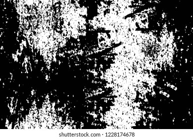 Grunge overlay layer. Abstract black and white vector background. Monochrome vintage surface with dirty pattern in cracks, spots, dots. Old wall in dark horror style design