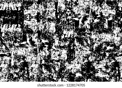 Grunge overlay layer. Abstract black and white vector background. Monochrome vintage surface with dirty pattern in cracks, spots, dots. Old wall in dark horror style design