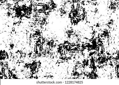 Grunge overlay layer. Abstract black and white vector background. Monochrome vintage surface with dirty pattern in cracks, spots, dots. Old wall in dark horror style design