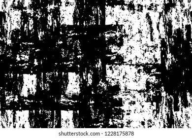 Grunge overlay layer. Abstract black and white vector background. Monochrome vintage surface with dirty pattern in cracks, spots, dots. Old wall in dark horror style design