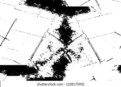 Grunge overlay layer. Abstract black and white vector background. Monochrome vintage surface with dirty pattern in cracks, spots, dots. Old wall in dark horror style design