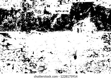 Grunge overlay layer. Abstract black and white vector background. Monochrome vintage surface with dirty pattern in cracks, spots, dots. Old wall in dark horror style design