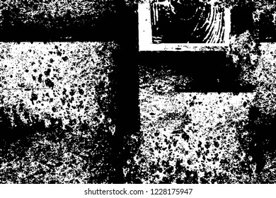 Grunge overlay layer. Abstract black and white vector background. Monochrome vintage surface with dirty pattern in cracks, spots, dots. Old wall in dark horror style design