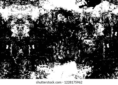 Grunge overlay layer. Abstract black and white vector background. Monochrome vintage surface with dirty pattern in cracks, spots, dots. Old wall in dark horror style design
