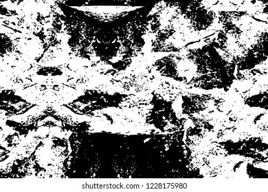 Grunge overlay layer. Abstract black and white vector background. Monochrome vintage surface with dirty pattern in cracks, spots, dots. Old wall in dark horror style design
