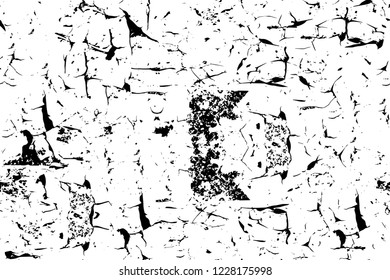 Grunge overlay layer. Abstract black and white vector background. Monochrome vintage surface with dirty pattern in cracks, spots, dots. Old wall in dark horror style design