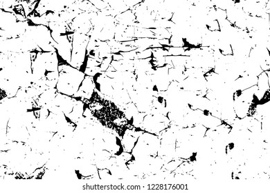 Grunge overlay layer. Abstract black and white vector background. Monochrome vintage surface with dirty pattern in cracks, spots, dots. Old wall in dark horror style design