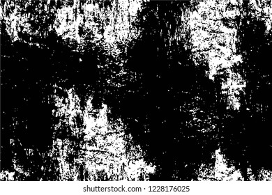 Grunge overlay layer. Abstract black and white vector background. Monochrome vintage surface with dirty pattern in cracks, spots, dots. Old wall in dark horror style design