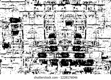 Grunge overlay layer. Abstract black and white vector background. Monochrome vintage surface with dirty pattern in cracks, spots, dots. Old wall in dark horror style design