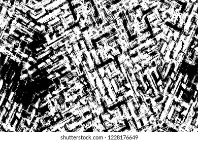 Grunge overlay layer. Abstract black and white vector background. Monochrome vintage surface with dirty pattern in cracks, spots, dots. Old wall in dark horror style design