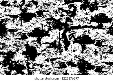 Grunge overlay layer. Abstract black and white vector background. Monochrome vintage surface with dirty pattern in cracks, spots, dots. Old wall in dark horror style design