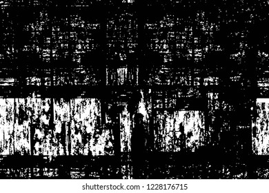 Grunge overlay layer. Abstract black and white vector background. Monochrome vintage surface with dirty pattern in cracks, spots, dots. Old wall in dark horror style design