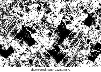 Grunge overlay layer. Abstract black and white vector background. Monochrome vintage surface with dirty pattern in cracks, spots, dots. Old wall in dark horror style design