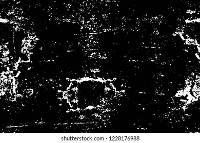 Grunge overlay layer. Abstract black and white vector background. Monochrome vintage surface with dirty pattern in cracks, spots, dots. Old wall in dark horror style design