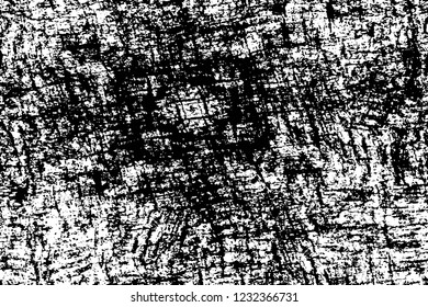Grunge overlay layer. Abstract black and white vector background. Monochrome vintage surface with dirty pattern in cracks, spots, dots. Old wall in dark horror style design