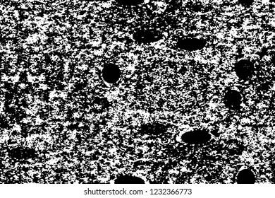 Grunge overlay layer. Abstract black and white vector background. Monochrome vintage surface with dirty pattern in cracks, spots, dots. Old wall in dark horror style design