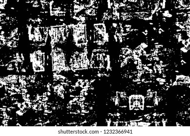 Grunge overlay layer. Abstract black and white vector background. Monochrome vintage surface with dirty pattern in cracks, spots, dots. Old wall in dark horror style design