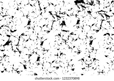 Grunge overlay layer. Abstract black and white vector background. Monochrome vintage surface with dirty pattern in cracks, spots, dots. Old wall in dark horror style design