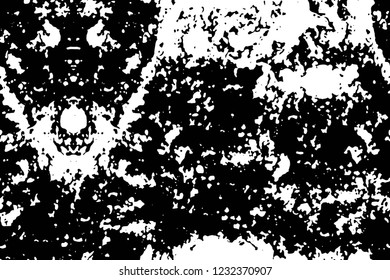 Grunge overlay layer. Abstract black and white vector background. Monochrome vintage surface with dirty pattern in cracks, spots, dots. Old wall in dark horror style design