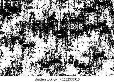 Grunge overlay layer. Abstract black and white vector background. Monochrome vintage surface with dirty pattern in cracks, spots, dots. Old wall in dark horror style design