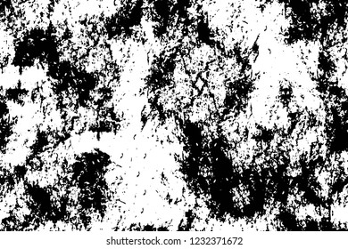 Grunge overlay layer. Abstract black and white vector background. Monochrome vintage surface with dirty pattern in cracks, spots, dots. Old wall in dark horror style design