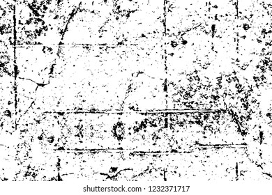 Grunge overlay layer. Abstract black and white vector background. Monochrome vintage surface with dirty pattern in cracks, spots, dots. Old wall in dark horror style design