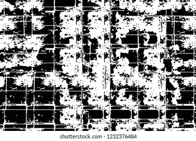 Grunge overlay layer. Abstract black and white vector background. Monochrome vintage surface with dirty pattern in cracks, spots, dots. Old wall in dark horror style design