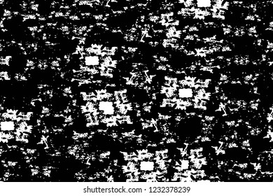 Grunge overlay layer. Abstract black and white vector background. Monochrome vintage surface with dirty pattern in cracks, spots, dots. Old wall in dark horror style design