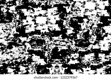 Grunge overlay layer. Abstract black and white vector background. Monochrome vintage surface with dirty pattern in cracks, spots, dots. Old wall in dark horror style design