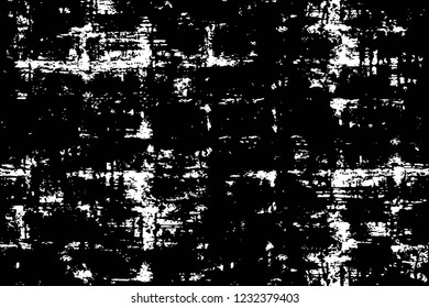 Grunge overlay layer. Abstract black and white vector background. Monochrome vintage surface with dirty pattern in cracks, spots, dots. Old wall in dark horror style design