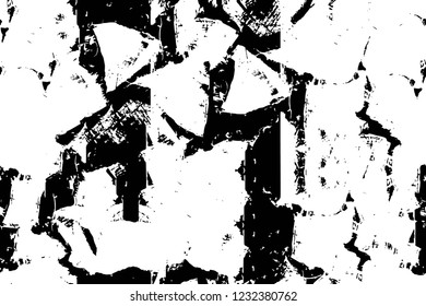 Grunge overlay layer. Abstract black and white vector background. Monochrome vintage surface with dirty pattern in cracks, spots, dots. Old wall in dark horror style design