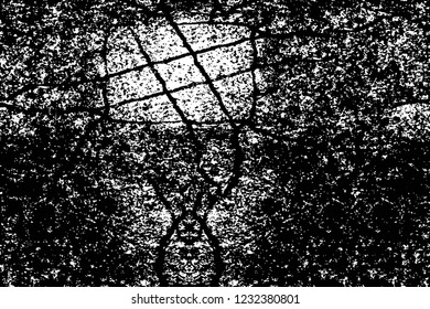 Grunge overlay layer. Abstract black and white vector background. Monochrome vintage surface with dirty pattern in cracks, spots, dots. Old wall in dark horror style design
