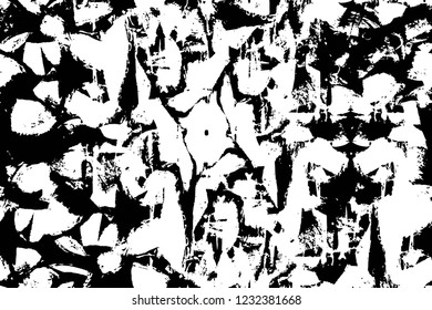 Grunge overlay layer. Abstract black and white vector background. Monochrome vintage surface with dirty pattern in cracks, spots, dots. Old wall in dark horror style design