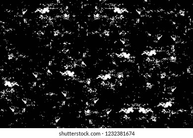 Grunge overlay layer. Abstract black and white vector background. Monochrome vintage surface with dirty pattern in cracks, spots, dots. Old wall in dark horror style design