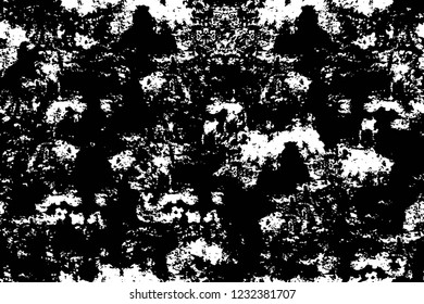 Grunge overlay layer. Abstract black and white vector background. Monochrome vintage surface with dirty pattern in cracks, spots, dots. Old wall in dark horror style design