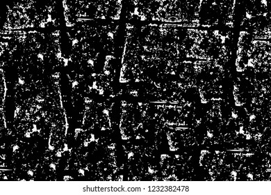 Grunge overlay layer. Abstract black and white vector background. Monochrome vintage surface with dirty pattern in cracks, spots, dots. Old wall in dark horror style design