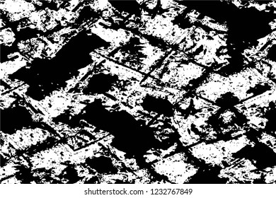 Grunge overlay layer. Abstract black and white vector background. Monochrome vintage surface with dirty pattern in cracks, spots, dots. Old wall in dark horror style design