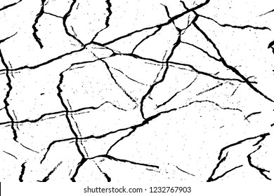 Grunge overlay layer. Abstract black and white vector background. Monochrome vintage surface with dirty pattern in cracks, spots, dots. Old wall in dark horror style design