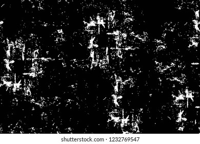 Grunge overlay layer. Abstract black and white vector background. Monochrome vintage surface with dirty pattern in cracks, spots, dots. Old wall in dark horror style design