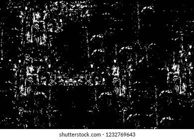 Grunge overlay layer. Abstract black and white vector background. Monochrome vintage surface with dirty pattern in cracks, spots, dots. Old wall in dark horror style design