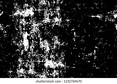 Grunge overlay layer. Abstract black and white vector background. Monochrome vintage surface with dirty pattern in cracks, spots, dots. Old wall in dark horror style design