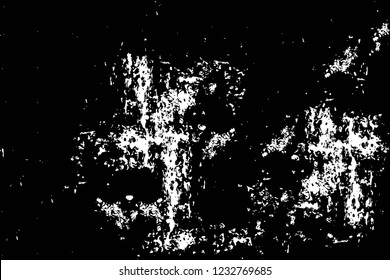 Grunge overlay layer. Abstract black and white vector background. Monochrome vintage surface with dirty pattern in cracks, spots, dots. Old wall in dark horror style design