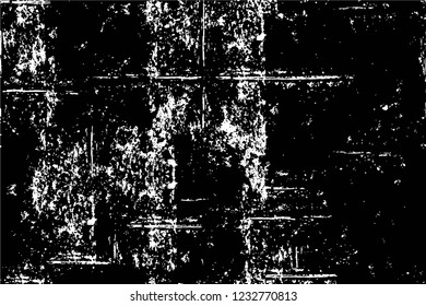 Grunge overlay layer. Abstract black and white vector background. Monochrome vintage surface with dirty pattern in cracks, spots, dots. Old wall in dark horror style design