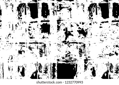 Grunge overlay layer. Abstract black and white vector background. Monochrome vintage surface with dirty pattern in cracks, spots, dots. Old wall in dark horror style design