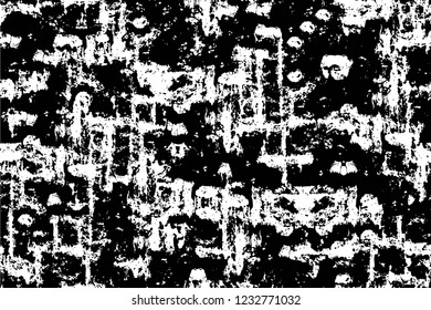 Grunge overlay layer. Abstract black and white vector background. Monochrome vintage surface with dirty pattern in cracks, spots, dots. Old wall in dark horror style design