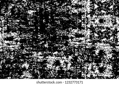 Grunge overlay layer. Abstract black and white vector background. Monochrome vintage surface with dirty pattern in cracks, spots, dots. Old wall in dark horror style design